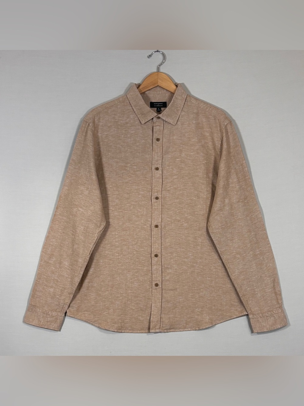 NWT Banana Republic Slim Linen Blend Shirt Tan Beige Large Button Up